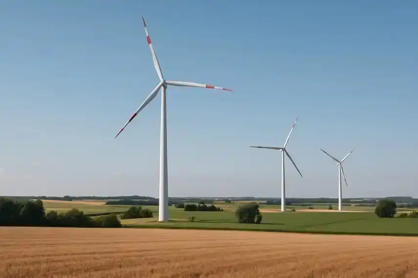 Drei moderne Windräder stehen auf einem sonnigen Feld bei Bruchsal – Symbolbild für den Bürgerentscheid zur Windkraft und das Thema Transparenz.