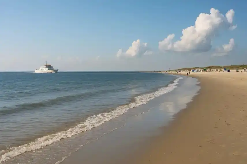 Fähre vor der Küste von Norderney mit Strand, Meer und blauem Himmel – Darstellung eines modernen Inselurlaubs.