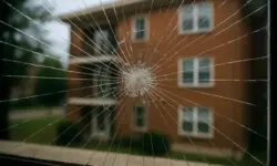 Symbolbild eines zerbrochenen Fensters mit unscharfem Wohnhaus im Hintergrund – steht für den tragischen Tod von TV-Star Somtochukwu Maduagwu.