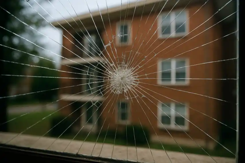 Symbolbild eines zerbrochenen Fensters mit unscharfem Wohnhaus im Hintergrund – steht für den tragischen Tod von TV-Star Somtochukwu Maduagwu.