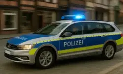 Polizeiauto mit Blaulicht an einer Absperrung, stellvertretend für die Ermittlungen zur beschädigten Helmut-Rahn-Statue in Essen.