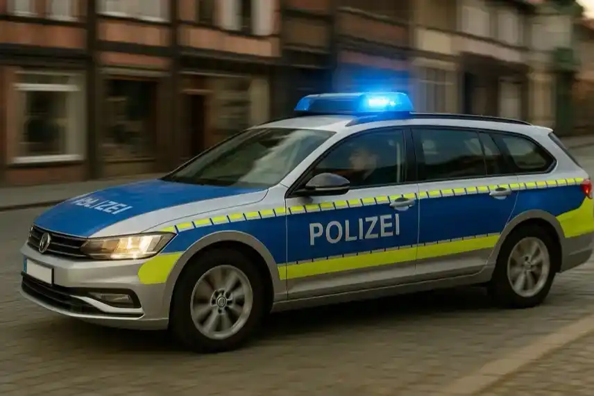 Polizeiauto mit Blaulicht an einer Absperrung, stellvertretend für die Ermittlungen zur beschädigten Helmut-Rahn-Statue in Essen.