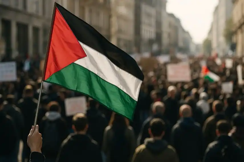 Symbolbild zu den pro-palästinensischen Protesten in Italien mit einer wehenden Flagge und unscharfer Menschenmenge im Hintergrund.
