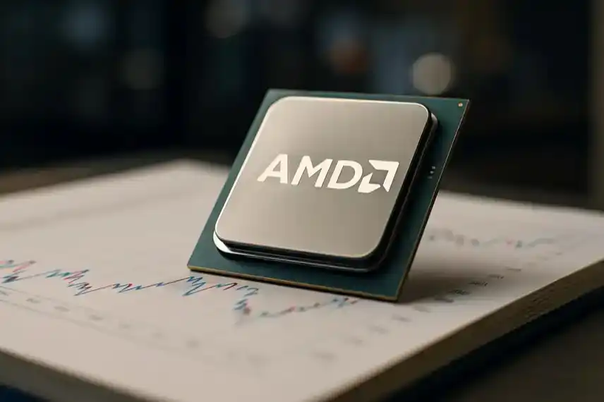 AMD-Chips auf einem Finanzdiagramm, das den technologischen und finanziellen Fokus des Artikels verdeutlicht.