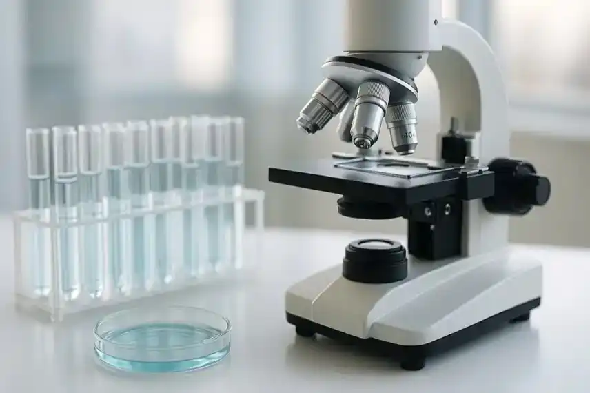 Symbolbild eines modernen Labors mit Mikroskop und Reagenzgläsern, stellvertretend für Immunforschung und medizinische Entdeckungen.