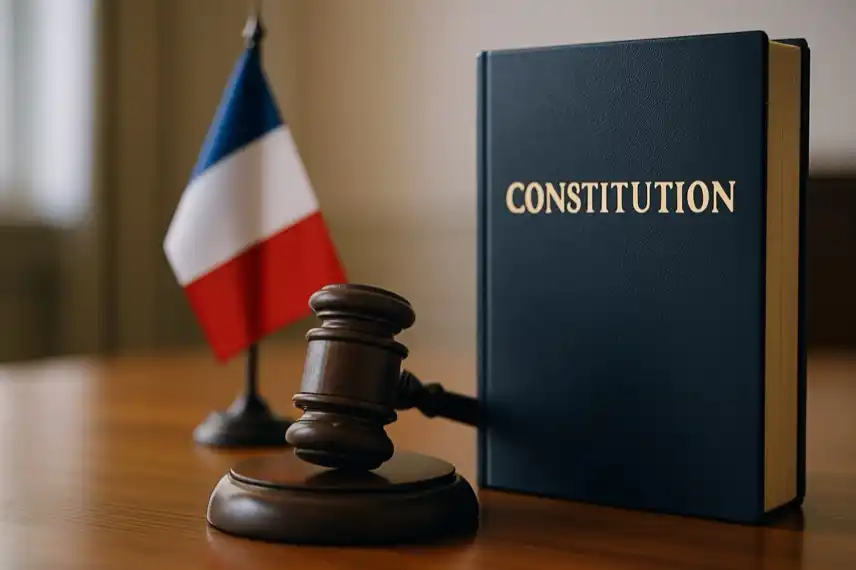 Regierungskrise in Frankreich mit Gavel, Verfassungsbuch und französischer Flagge im Hintergrund.
