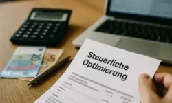 Finanzdokumente, Euro-Geldscheine, Laptop und Taschenrechner auf einem Schreibtisch – Thema Steuerkorrektur bei Trade Republic.