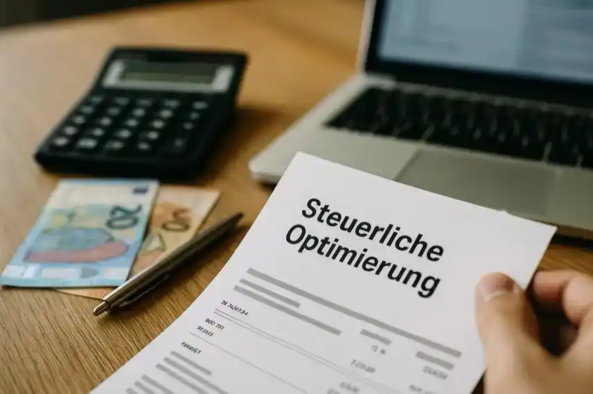 Finanzdokumente, Euro-Geldscheine, Laptop und Taschenrechner auf einem Schreibtisch – Thema Steuerkorrektur bei Trade Republic.