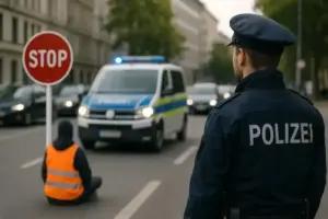 Polizeieinsatzes bei Demonstration in Deutschland, stellvertretend für Protestaktionen der Gruppe Neue Generation gegen Lobbyismus.