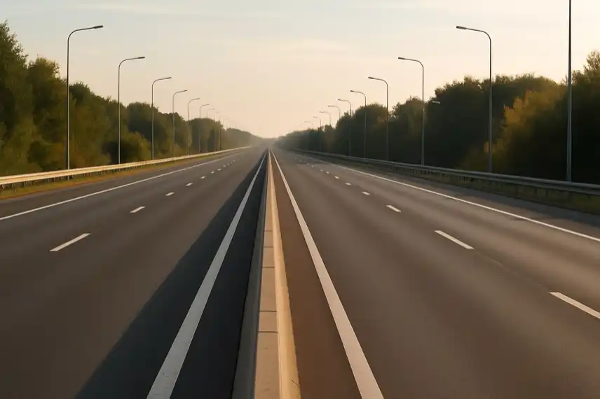 Eine leere Autobahn bei Tageslicht zeigt die gesperrte Fahrstrecke sinnbildlich. Die Aufnahme ist eine nachgestellte Darstellung.