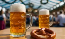 Symbolfoto eines Bierglases und einer Brezel auf einem Holztisch im Oktoberfest-Zelt, hell ausgeleuchtet, als Symbolbild zum Artikel über den Sané-Vorfall.