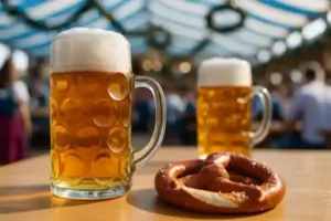 Symbolfoto eines Bierglases und einer Brezel auf einem Holztisch im Oktoberfest-Zelt, hell ausgeleuchtet, als Symbolbild zum Artikel über den Sané-Vorfall.