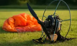 Symbolbild eines motorisierten Paragliders auf einer Wiese bei Sonnenuntergang – stellvertretend für den tragischen Absturz von Felix Baumgartner.