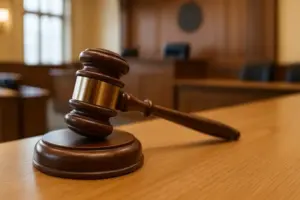 Richterhammer auf Holztisch in einem albanischen Gerichtssaal, Symbolbild für den tödlichen Angriff auf einen Richter in Tirana.