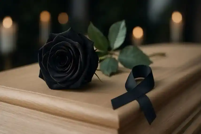 Symbolbild einer schwarzen Rose auf einem Holzsarg, stellvertretend für Trauer und den plötzlichen Tod von Marion Würth.
