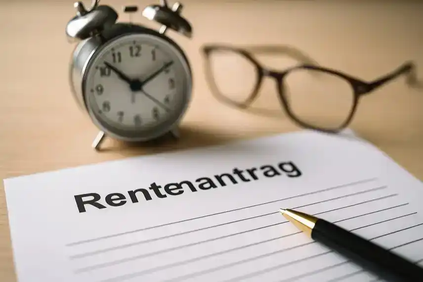 Rentendebatte in Deutschland mit Uhr, Brille und Rentenantrag auf einem Schreibtisch, sinnbildlich für das höhere Rentenalter.