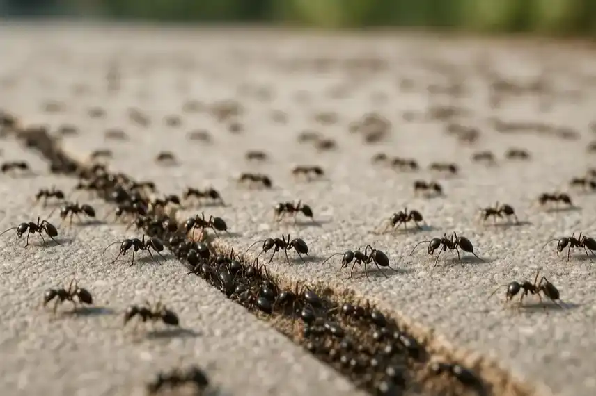 Ameisenstraße auf Asphalt, stellvertretend für die Ausbreitung invasiver Ameisenarten wie Tapinoma magnum in Deutschland.