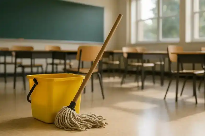 Klassenzimmers mit gelbem Putzeimer und Wischmopp im Vordergrund, stellvertretend für die Diskussion um Schulreinigung durch Schüler.