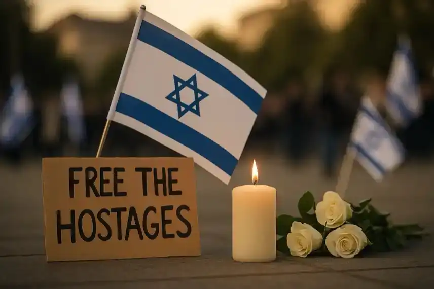Solidaritätskundgebung in Stuttgart mit israelischer Flagge, Kerze und weißen Rosen als Zeichen für die Freilassung von Geiseln.