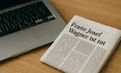 Schreibtisches mit Laptop und Zeitung als Darstellung des Journalismus zum Tod von Franz Josef Wagner.