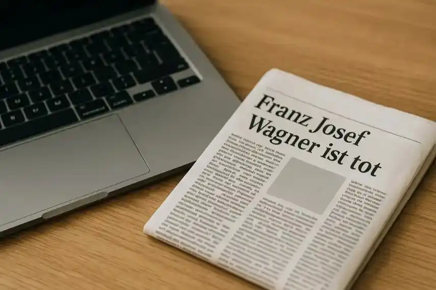 Schreibtisches mit Laptop und Zeitung als Darstellung des Journalismus zum Tod von Franz Josef Wagner.
