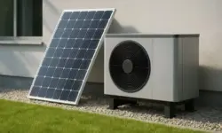 Wärmepumpe mit Solaranlage am Haus – Darstellung der Energieeffizienz und Kombination erneuerbarer Heiztechnologien.