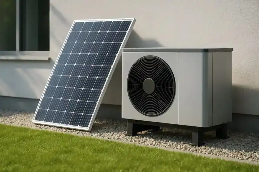Wärmepumpe mit Solaranlage am Haus – Darstellung der Energieeffizienz und Kombination erneuerbarer Heiztechnologien.