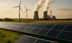 Windräder und Solarpanels in weiter Landschaft bei Sonnenlicht – steht für den Aufstieg erneuerbarer Energien weltweit.