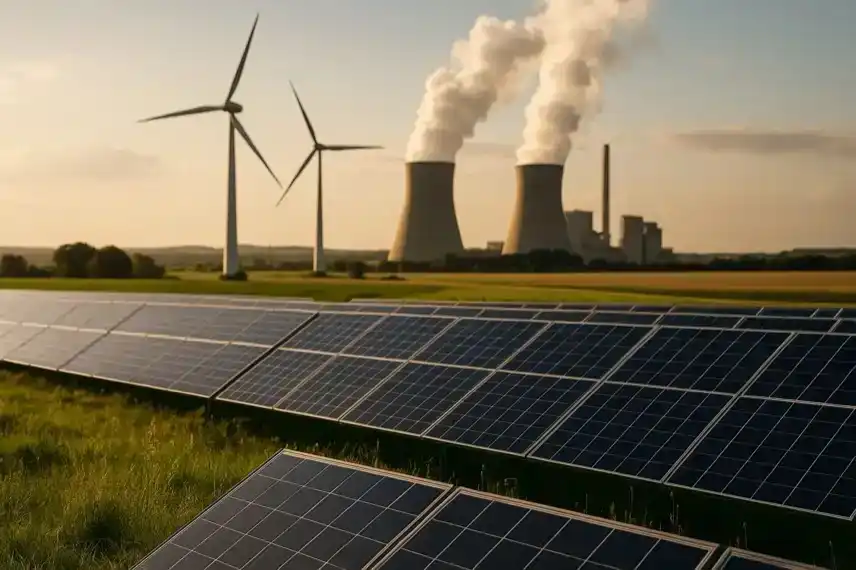 Windräder und Solarpanels in weiter Landschaft bei Sonnenlicht – steht für den Aufstieg erneuerbarer Energien weltweit.