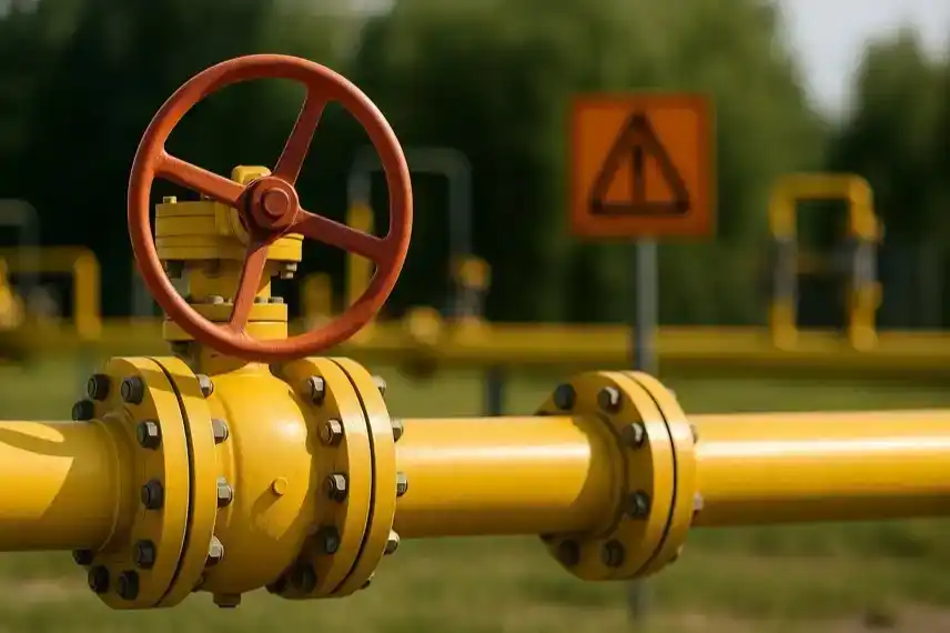 Industrie-Rohrsystems mit rotem Ventilrad, stellvertretend für einen Chemieunfall und Gas-Alarm in Aschaffenburg.