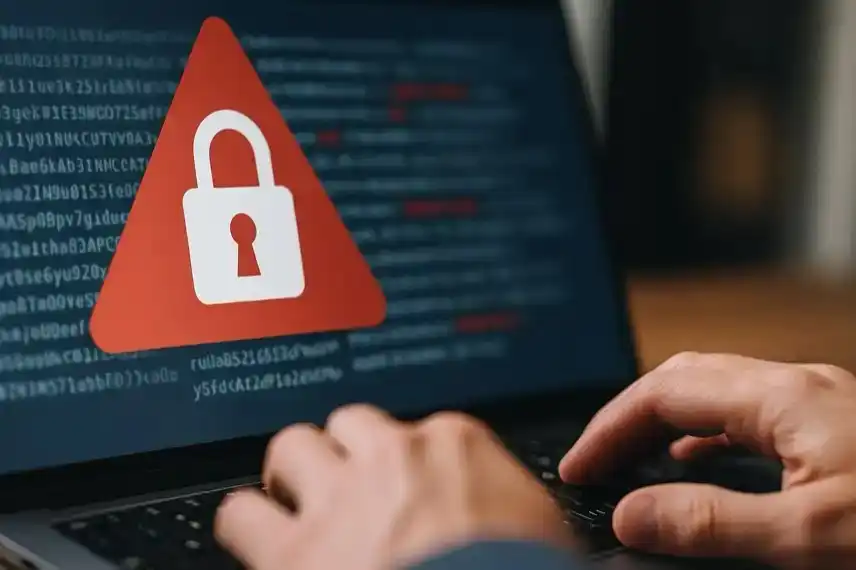 Symbolfoto eines Computerbildschirms mit rotem Warnsymbol und Händen auf Tastatur – Darstellung eines Cyberangriffs auf Salesforce-Daten.