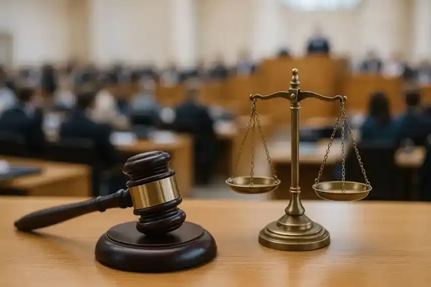 Richterhammer und Waage im Vordergrund eines Sitzungssaals als Sinnbild für politische Reformen, Recht und Demokratie in Deutschland 2025.