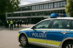 Polizei vor Schule in Paderborn nach Amok-Alarm, Einsatzkräfte sichern Gelände.
