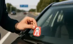 Hand platziert rote Vignette auf Windschutzscheibe eines Autos bei Tageslicht, Hintergrund mit Autobahn und vorbeifahrenden Fahrzeugen leicht unscharf.