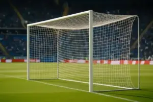 Leeres Fußballtor auf einem sonnigen Spielfeld mit unscharfem Stadionhintergrund und grüner Rasenfläche.