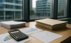 Taschenrechner, Diagramme und Akten auf einem hellen Büroschreibtisch, im Hintergrund moderne Bürogebäude mit leichter Tiefenschärfe.