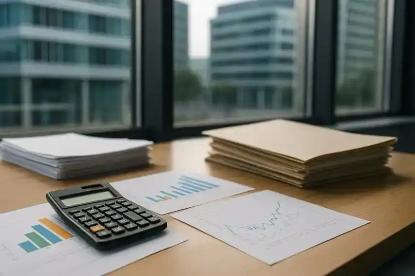 Taschenrechner, Diagramme und Akten auf einem hellen Büroschreibtisch, im Hintergrund moderne Bürogebäude mit leichter Tiefenschärfe.