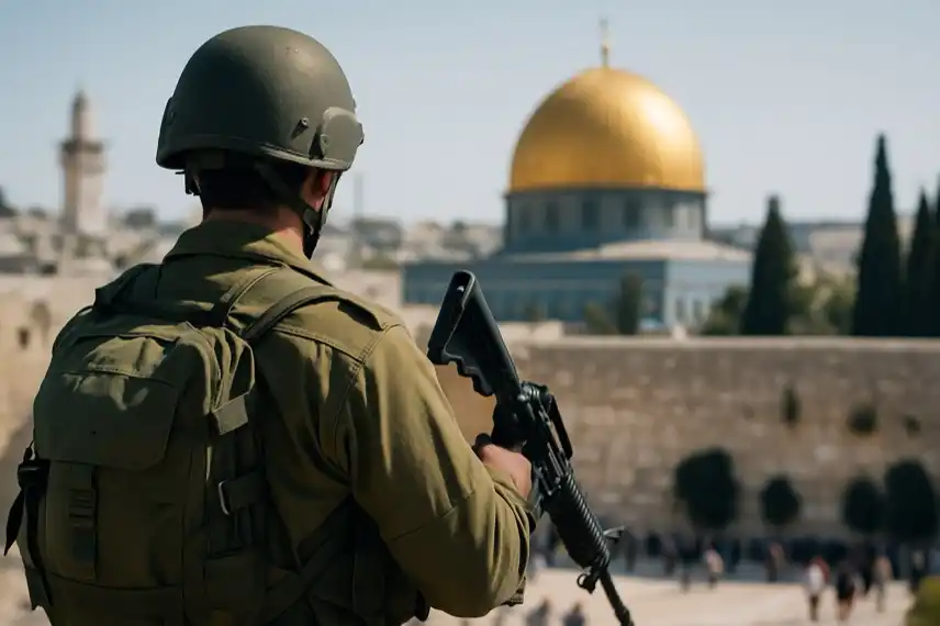 Israelischer Soldat in Uniform steht mit Gewehr vor dem Felsendom in Jerusalem, im Hintergrund verschwommene Stadtansicht bei Tageslicht.