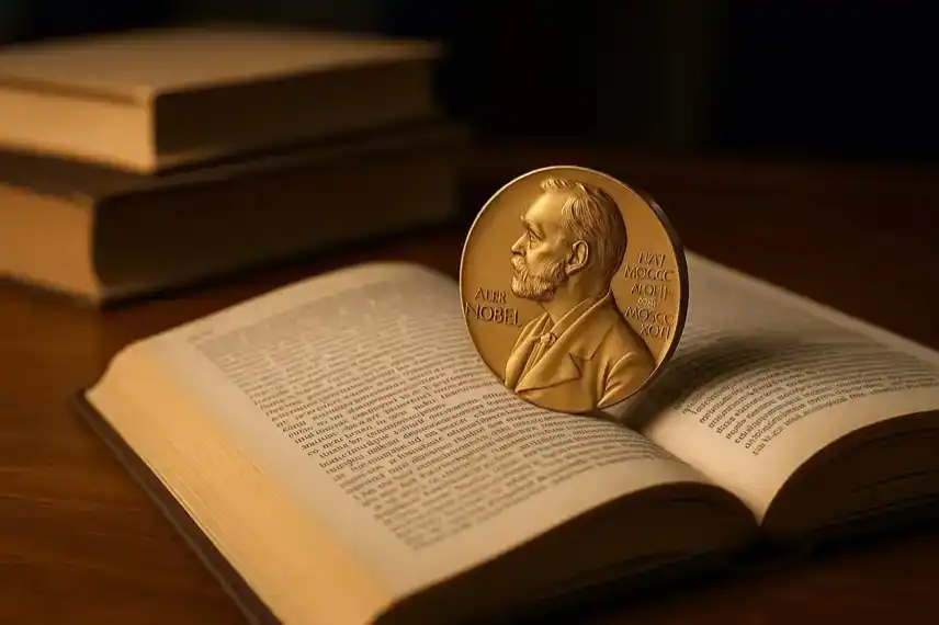 Nobelpreis-Medaille auf einem offenen Buch als Darstellung des Literaturnobelpreises 2025.