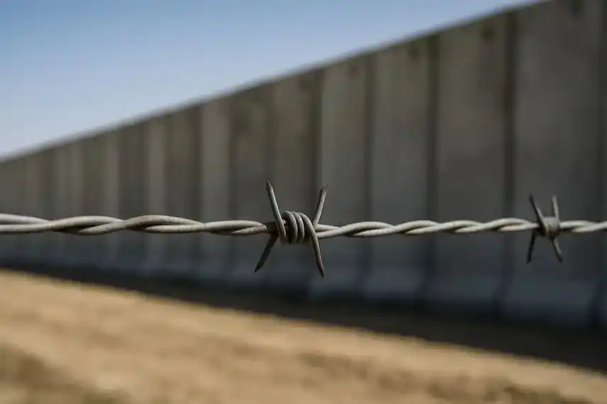 Stacheldraht vor einer Grenzmauer – Darstellung des Nahost-Konflikts und der Friedensverhandlungen zwischen Israel und Hamas.