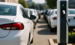 Elektroauto an einer Ladesäule, aufgenommen in heller Umgebung, als Symbol für den Wandel der Autoindustrie.