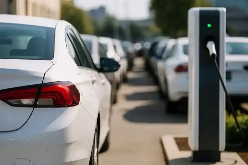 Elektroauto an einer Ladesäule, aufgenommen in heller Umgebung, als Symbol für den Wandel der Autoindustrie.