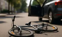Ein silbergraues Fahrrad liegt auf der Straße neben einem Auto mit offener Tür bei Sonnenlicht, aufgenommen mit Tiefenschärfe.