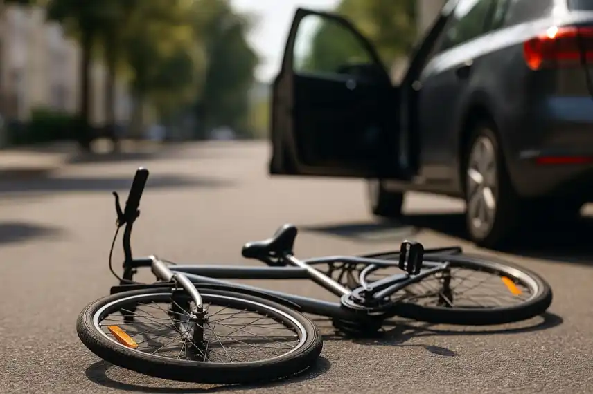 Ein silbergraues Fahrrad liegt auf der Straße neben einem Auto mit offener Tür bei Sonnenlicht, aufgenommen mit Tiefenschärfe.