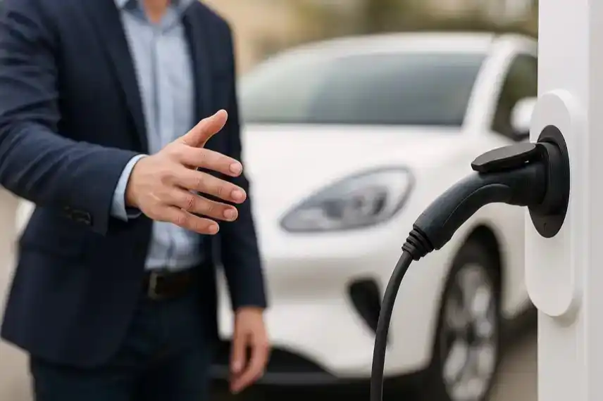 Ein Mann steht neben einer weißen Elektroauto-Ladestation und greift nach dem Ladekabel, im Hintergrund ein weißes Auto.