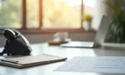 Ein heller Büro-Schreibtisch mit Akten, Notizblock, Telefon, Laptop und Kaffeetasse bei Tageslicht, ohne Personen.