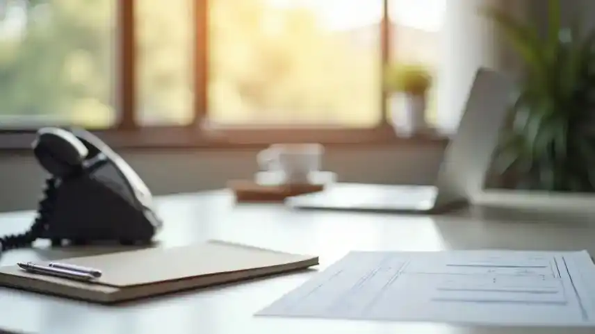 Ein heller Büro-Schreibtisch mit Akten, Notizblock, Telefon, Laptop und Kaffeetasse bei Tageslicht, ohne Personen.