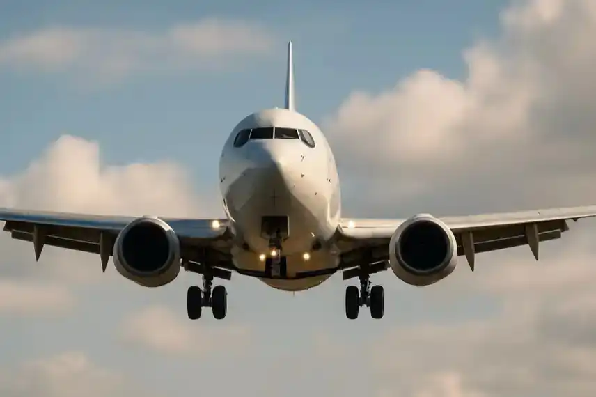 Frontansicht eines zweistrahligen Passagierflugzeugs beim Landeanflug mit ausgefahrenem Fahrwerk und leicht bewölktem Himmel im Hintergrund.