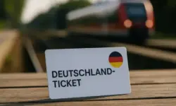 Ein Deutschlandticket liegt auf einem Holztisch, im Hintergrund steht unscharf ein Regionalzug. Das Bild ist eine Nachstellung und dient als Symbolbild.