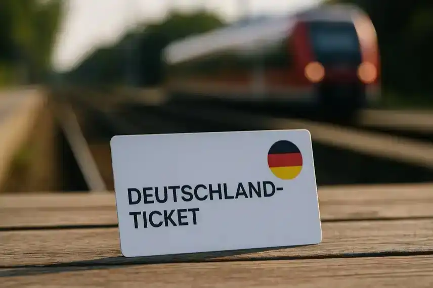 Ein Deutschlandticket liegt auf einem Holztisch, im Hintergrund steht unscharf ein Regionalzug. Das Bild ist eine Nachstellung und dient als Symbolbild.